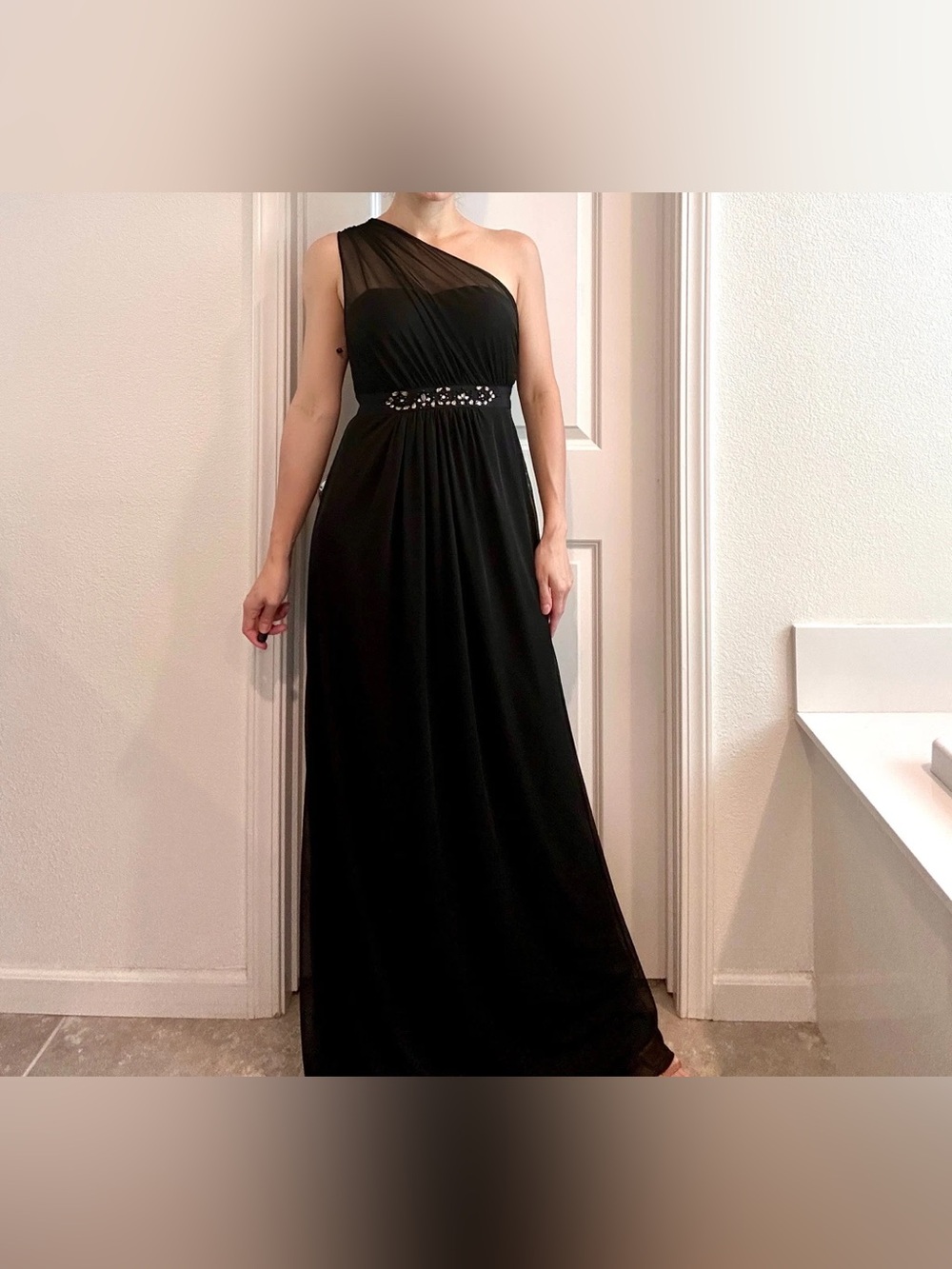 Adrianna Papell Black One-Shoulder Evening Gown with Jeweled Waist